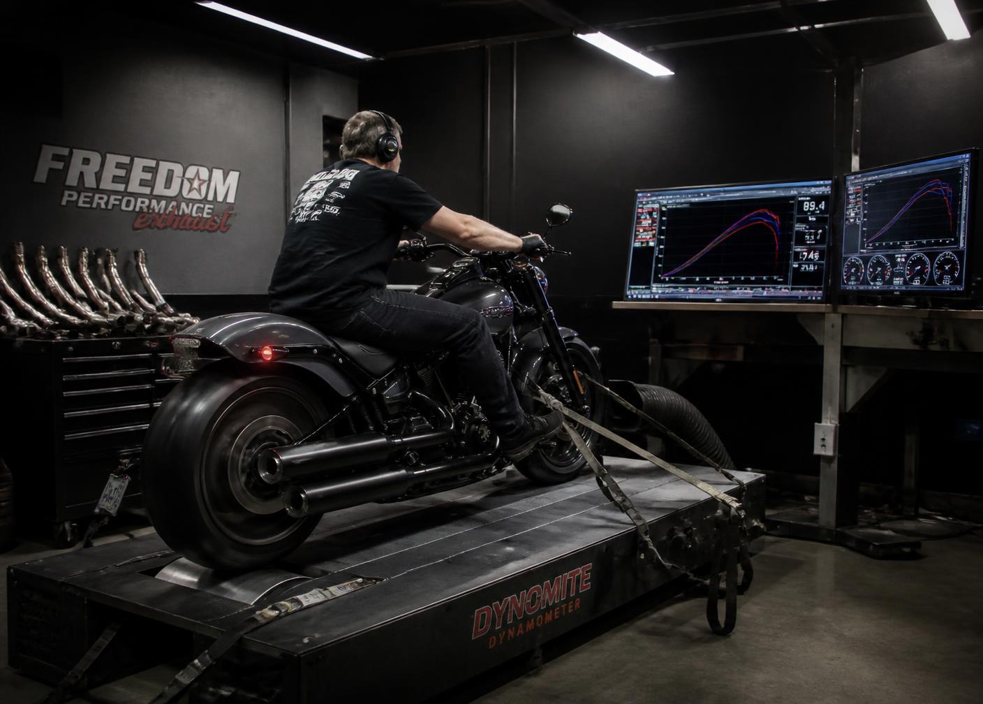 Motorcycle strapped to the dyno with telemetry screens glowing behind it
