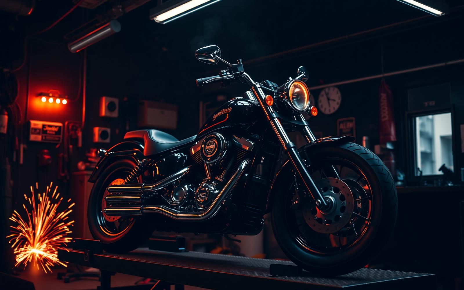 Motorcycle on a lift inside the TSR shop